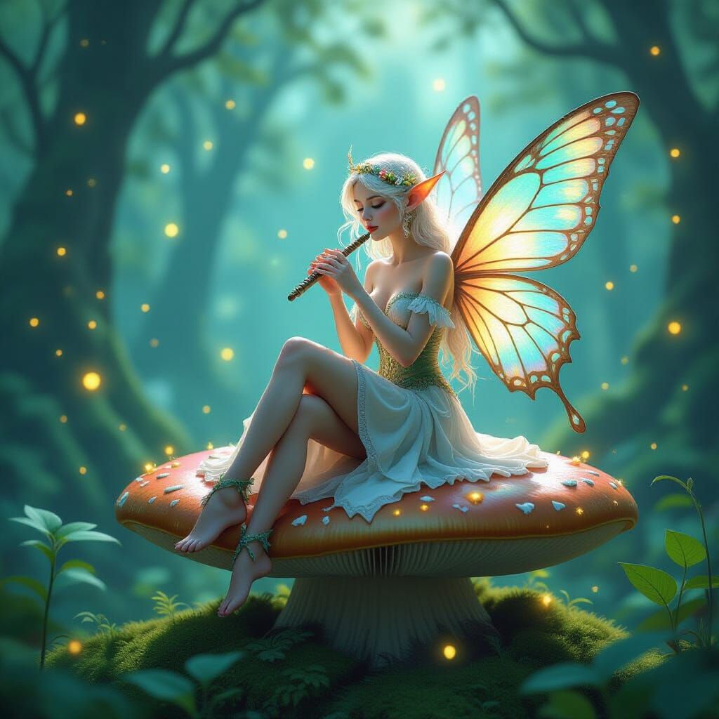 Ethereal Fairy Playing Ocarina on Mushroom in Firefly Forest