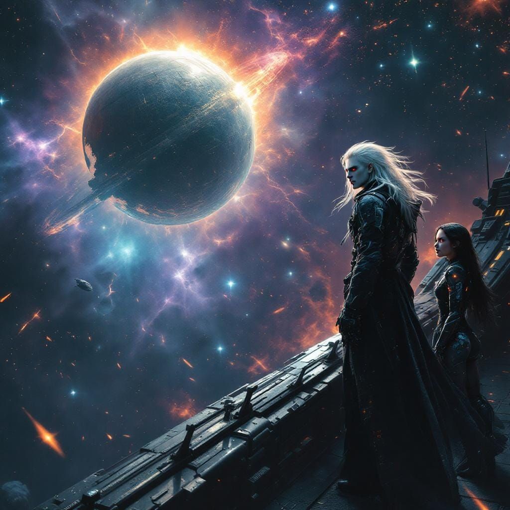 Space Pirate Ship Approaches Dyson Sphere in Sci-Fi Style