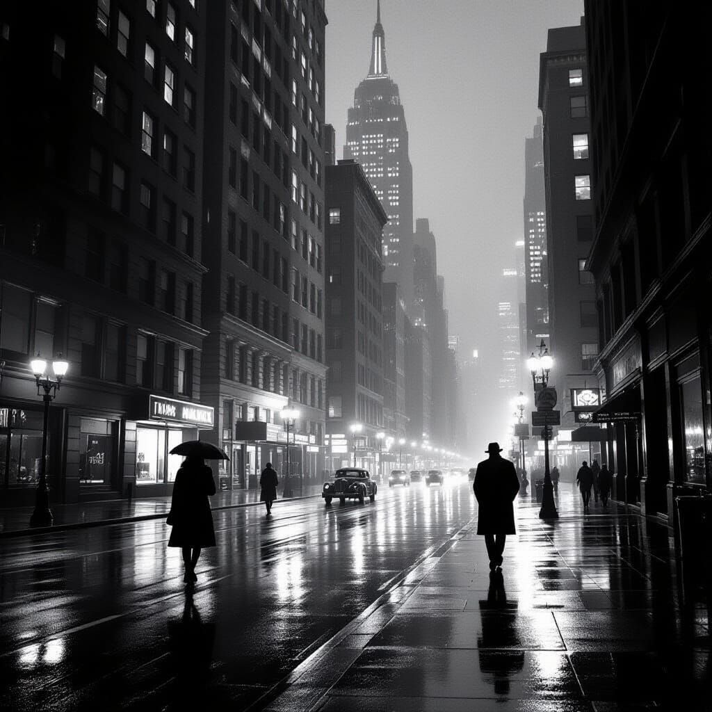 Rainy City Noir: Moody Reflections in Black and White
