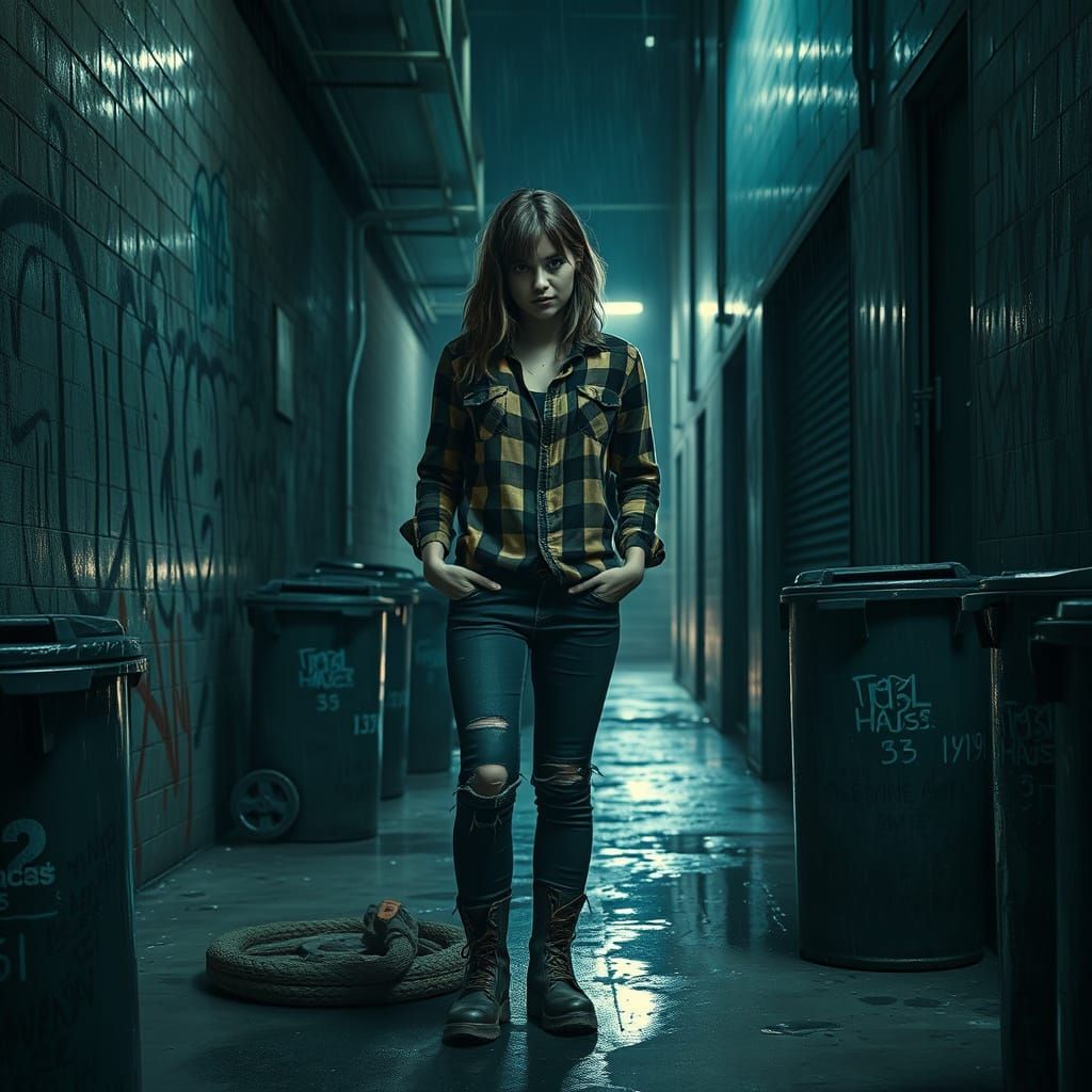 Grunge-Inspired Woman in a Rainy Alleyway, in Dark Cyberpunk...