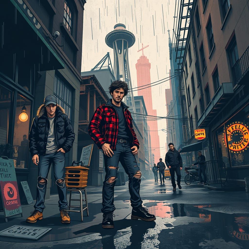 Gritty Seattle Scene in Grueling Textured Illustration Style