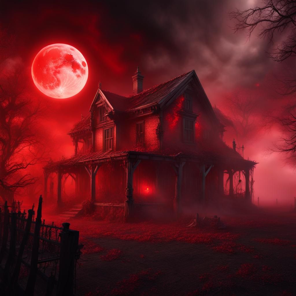 Haunted Farm Under Red Moon in Darkcore Aesthetic