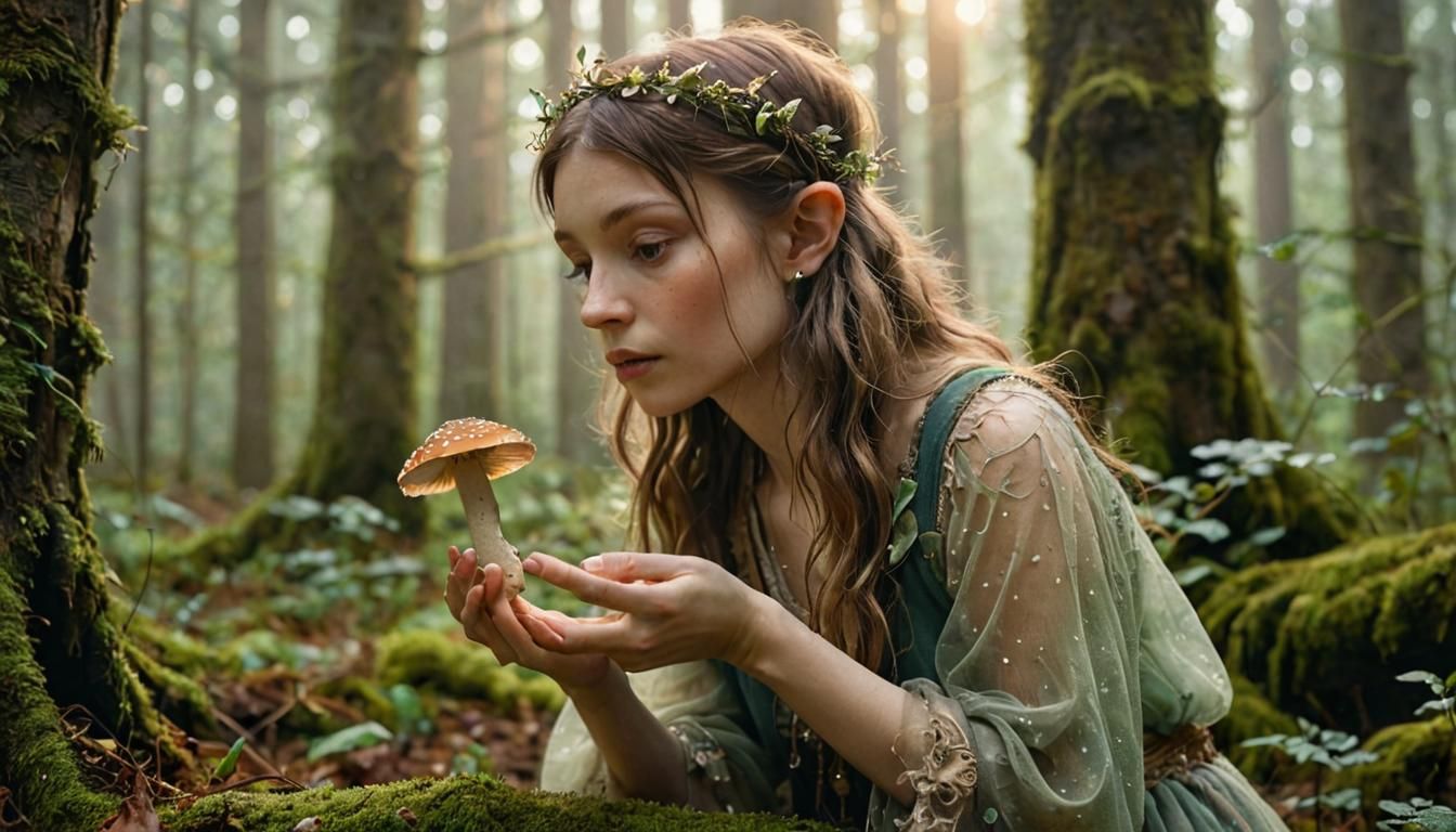 Faerie with Glowing Mushroom in Misty Forest