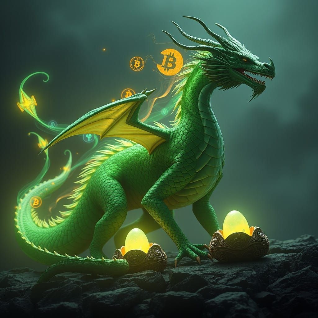 Mystical Green Dragon Surrounded by Cryptocurrency Symbols a...