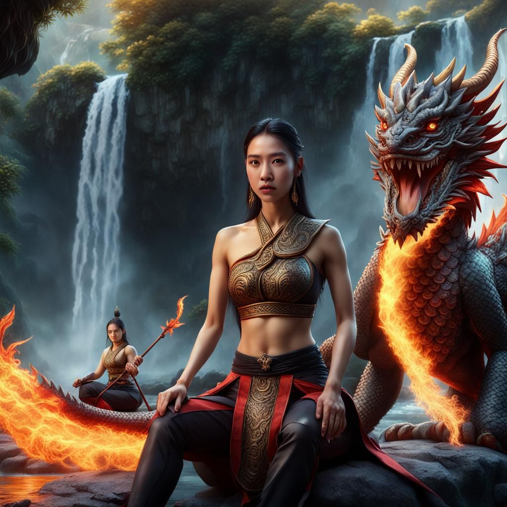 Thai Warrior with Fire Dragons by Waterfall