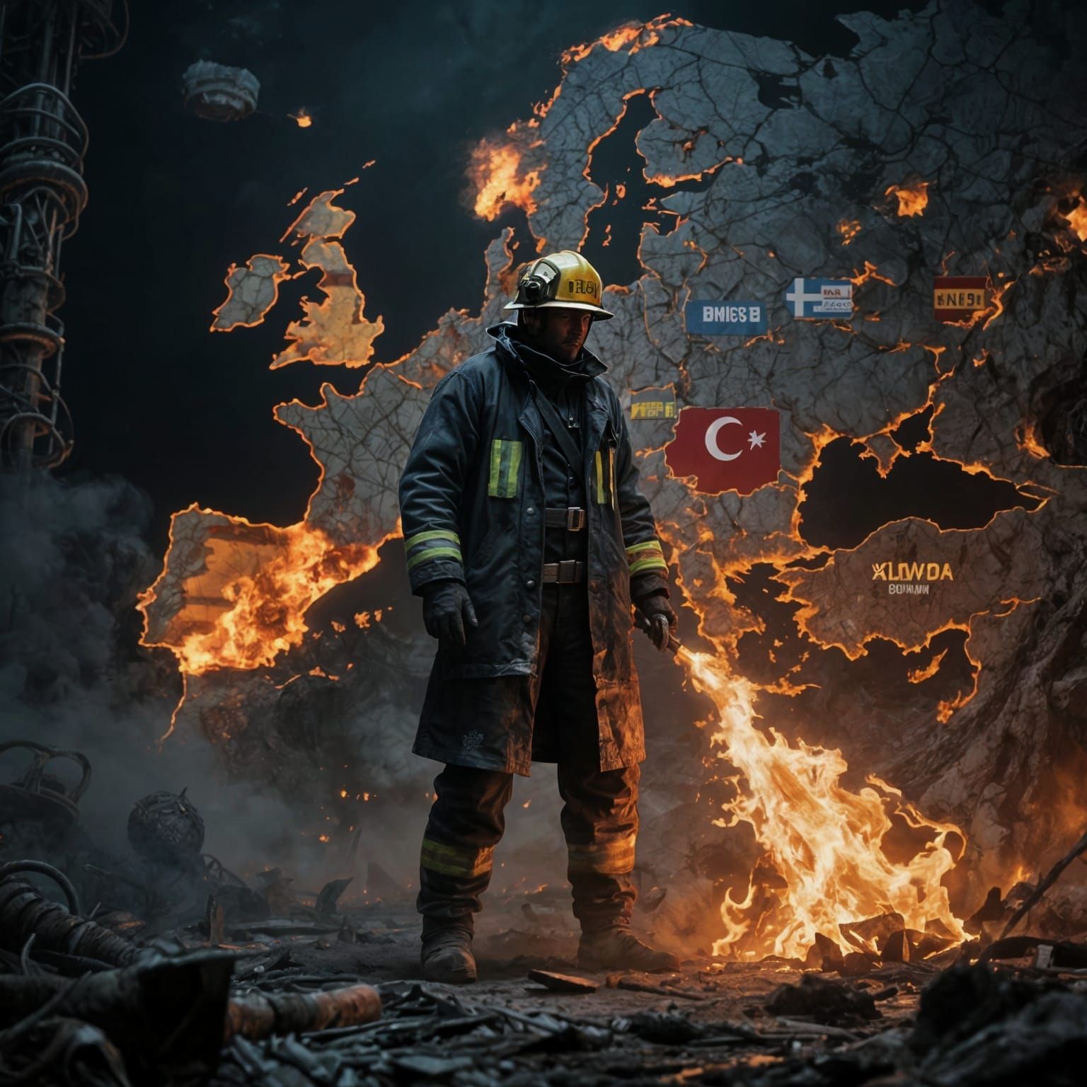 Europe Wildfire Map in Dark Surreal Style