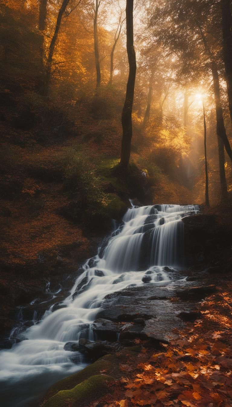 Giant Waterfall at Dusk in Autumn Forest