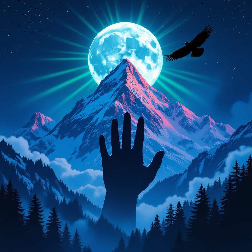 Snowy Mountain Scene with Giant Hand, in Neon Noir