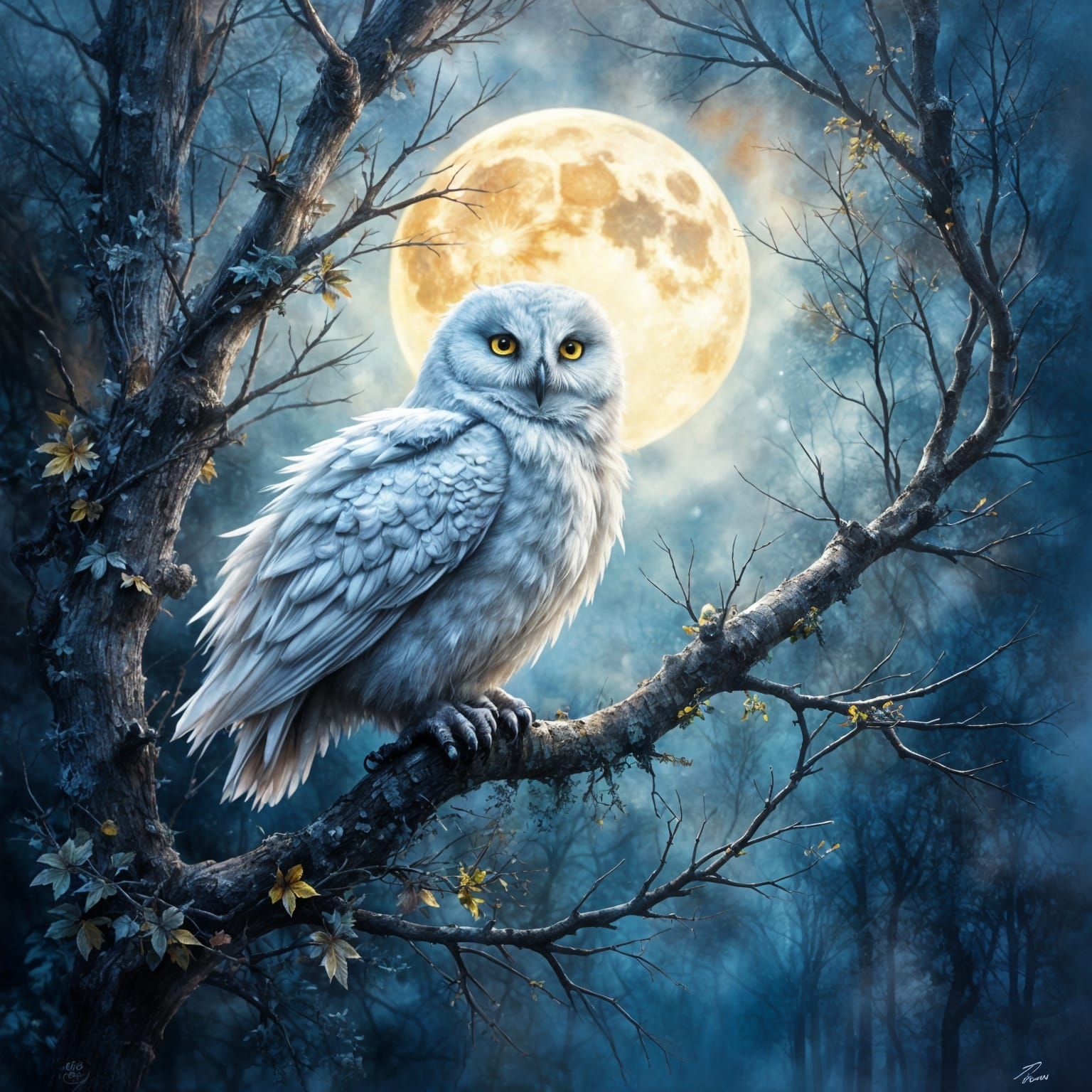 White Owl on Moonlit Branch in Eerie Fantasy Style