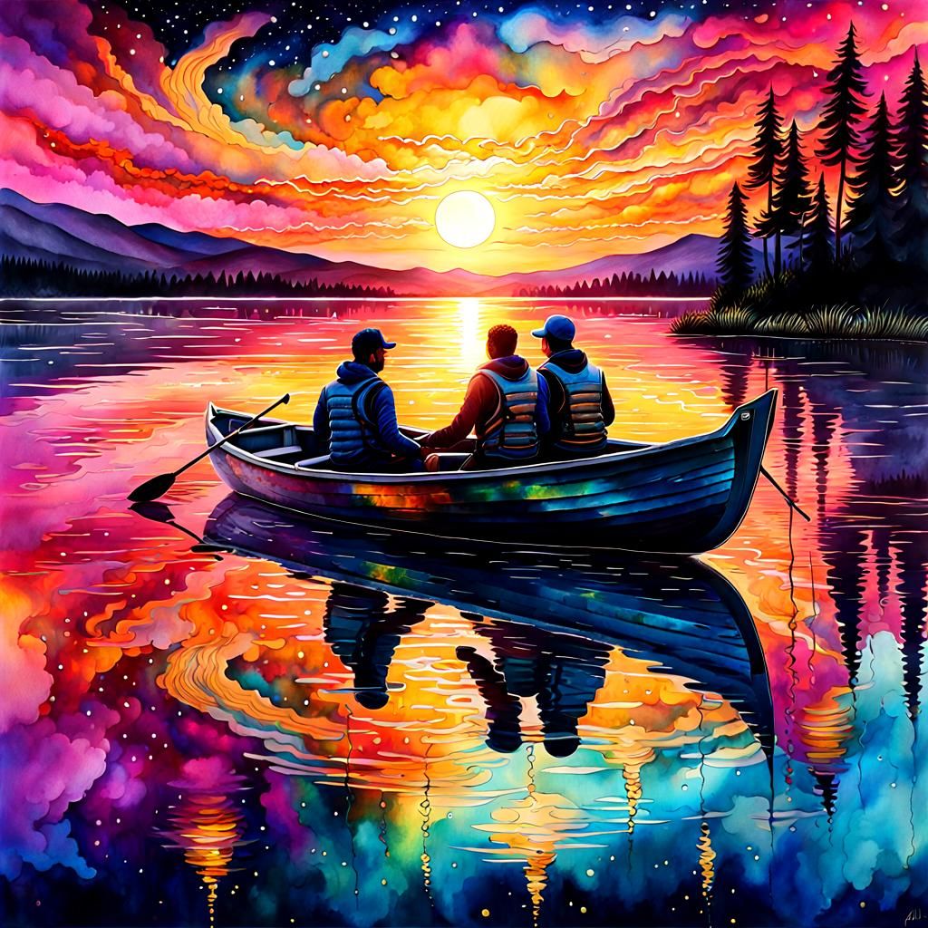 Sunset Lake: Holographic Astral Cosmic Illustration