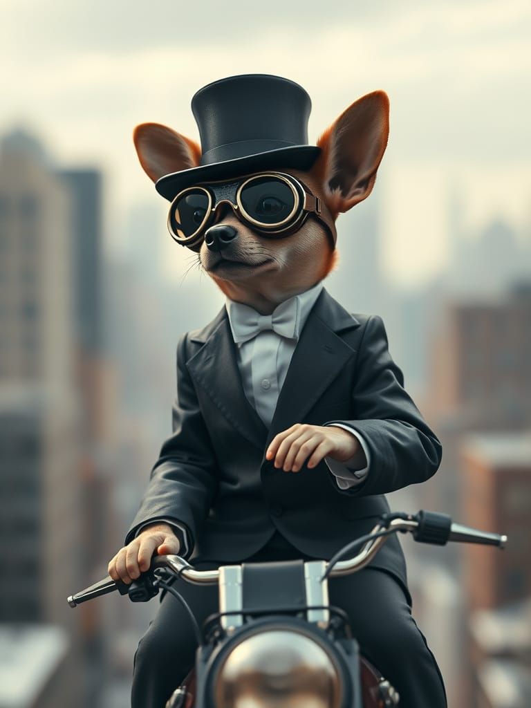 Miniature Man Rides Chihuahua in Hyperrealistic Cityscape