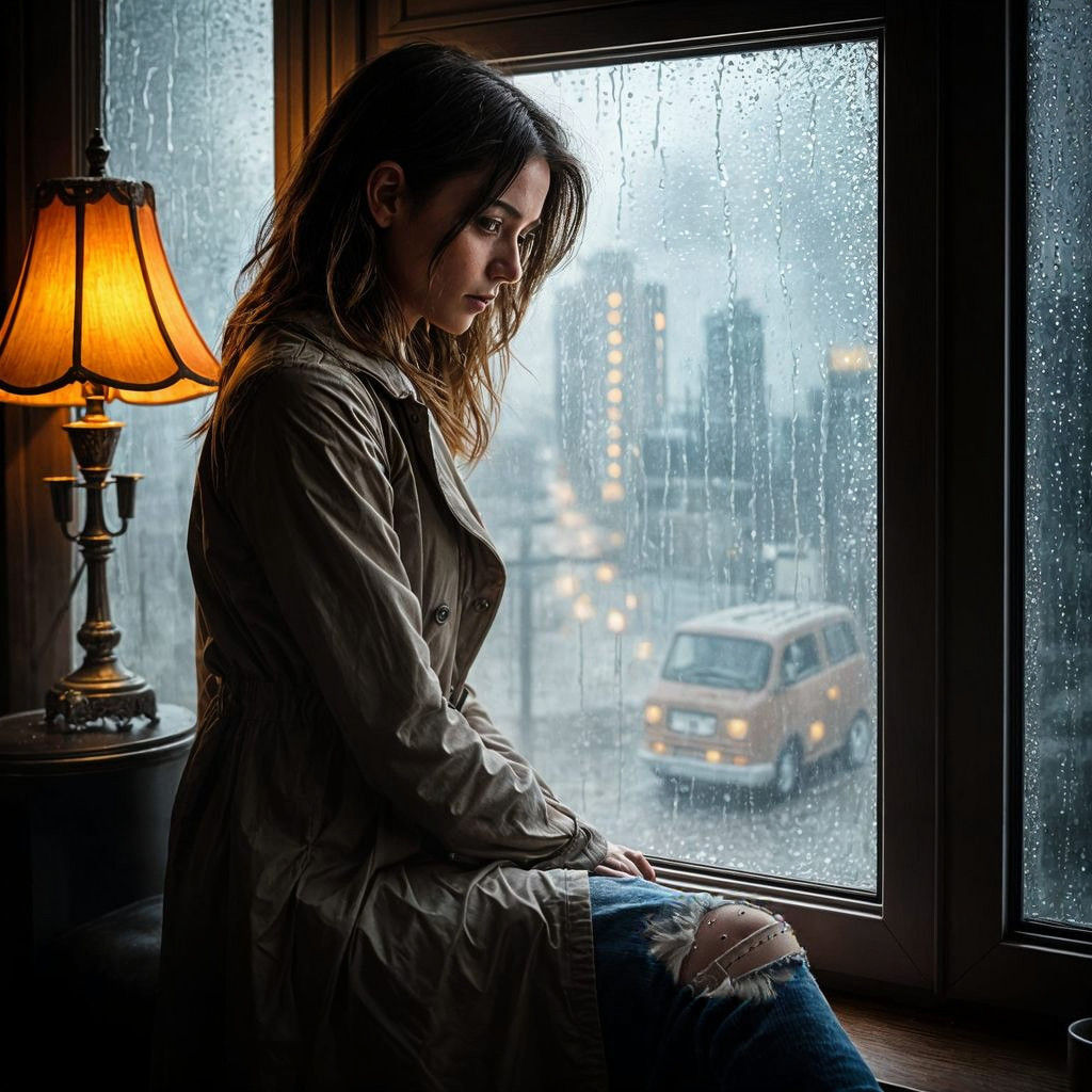 Melancholic Portrait of a Rainy Day Woman