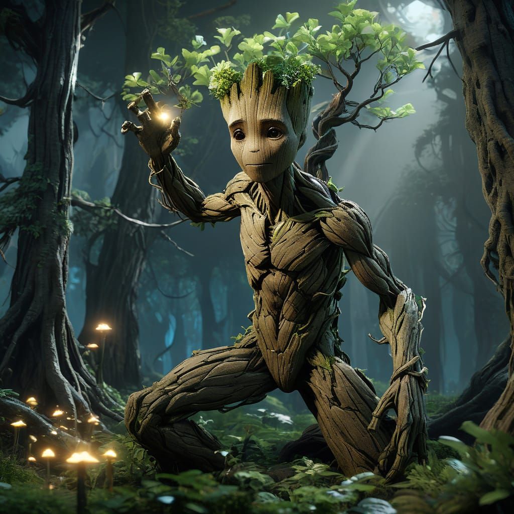 Majestic Groot in Vibrant, Fantastical Forest