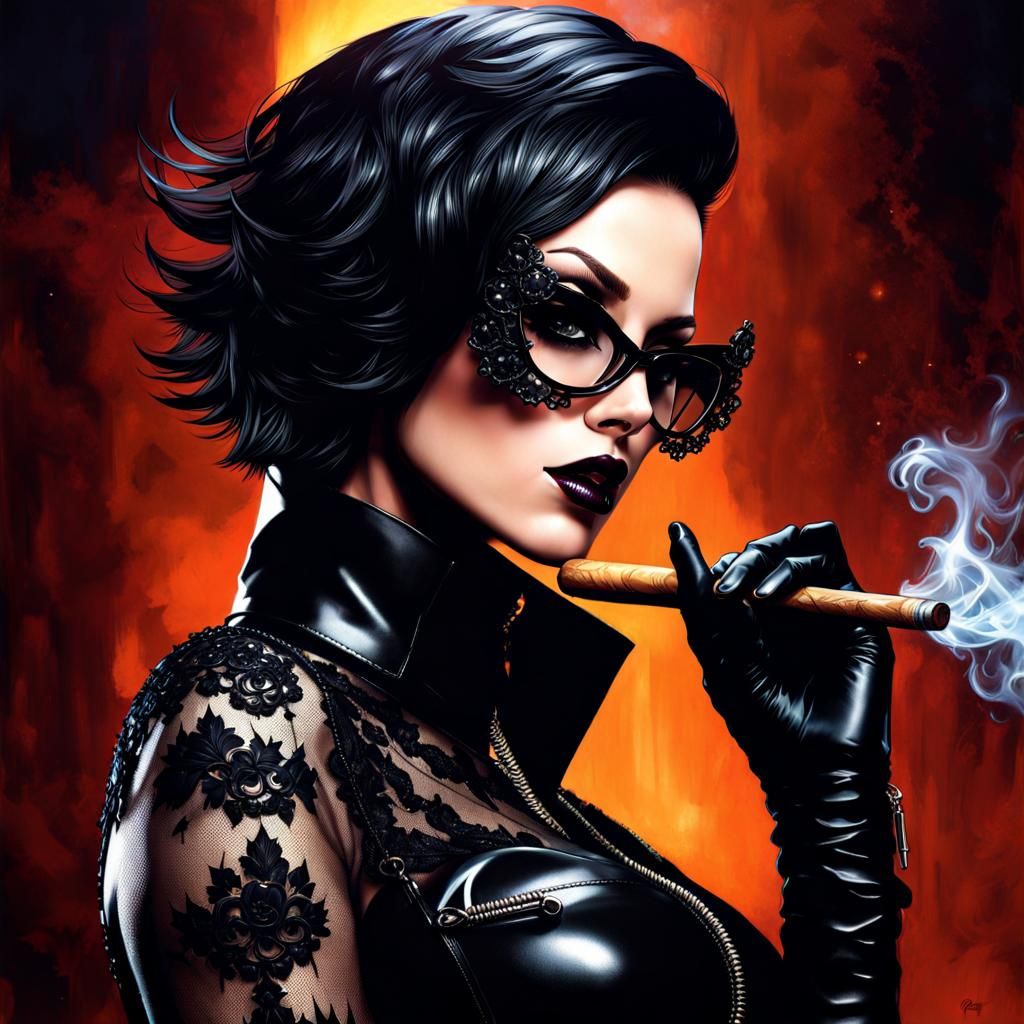 Gothic Woman in Latex with Cigar, Splash Art