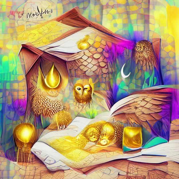 Golden Owl Alchemical Nest: Iridescent Digital Illustration