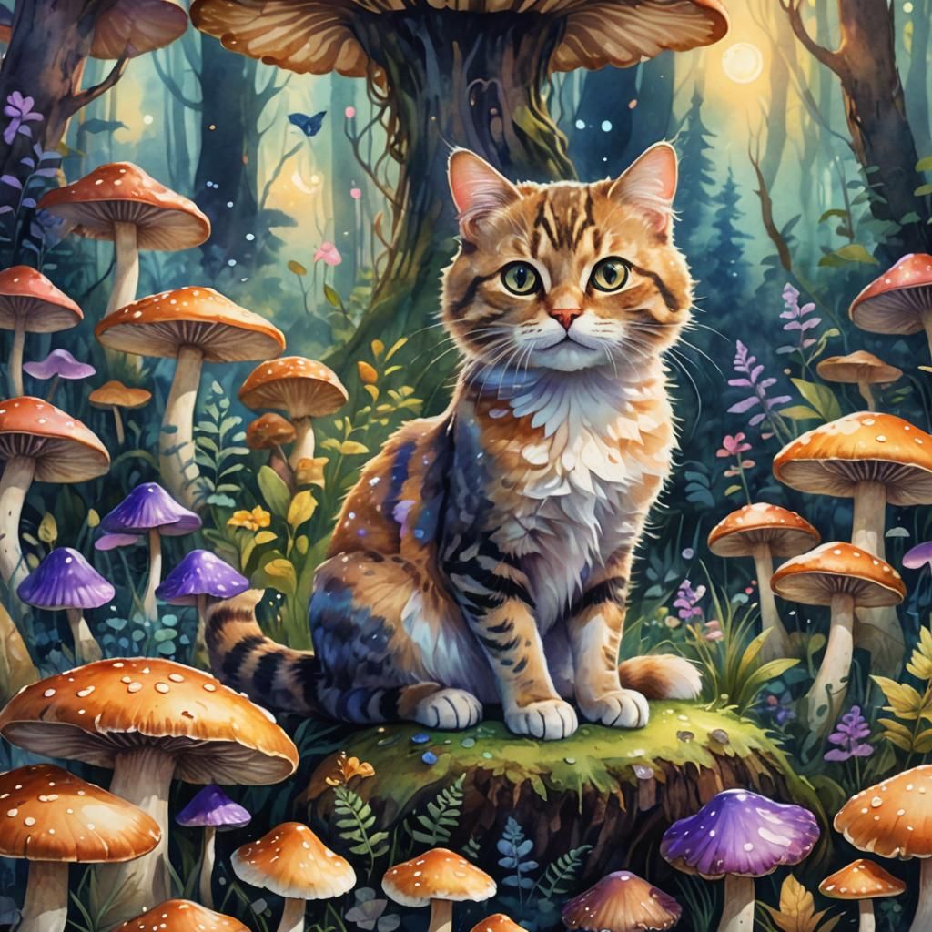 Cute Cat on Mushroom in Whimsical Forest