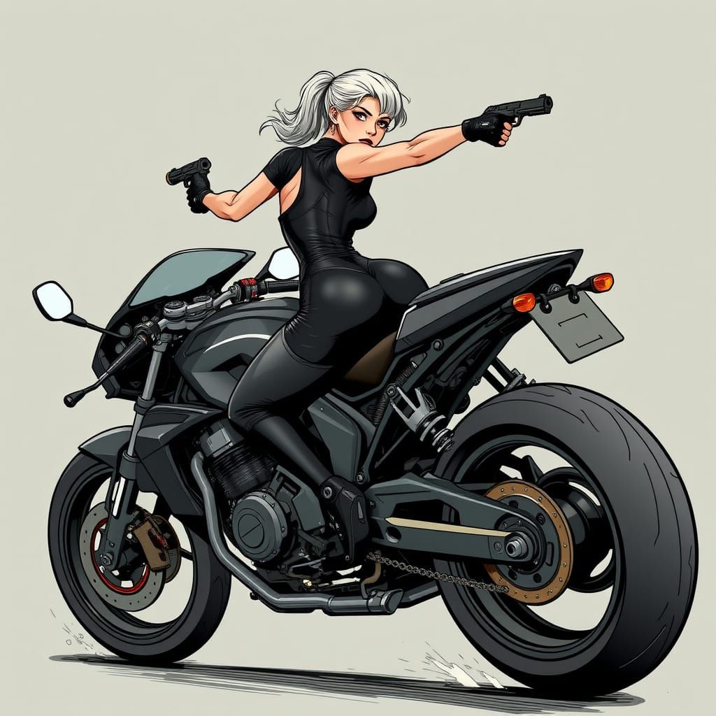 Athletic Biker Woman Rides High-Tech Motorcycle in Cyberpunk...