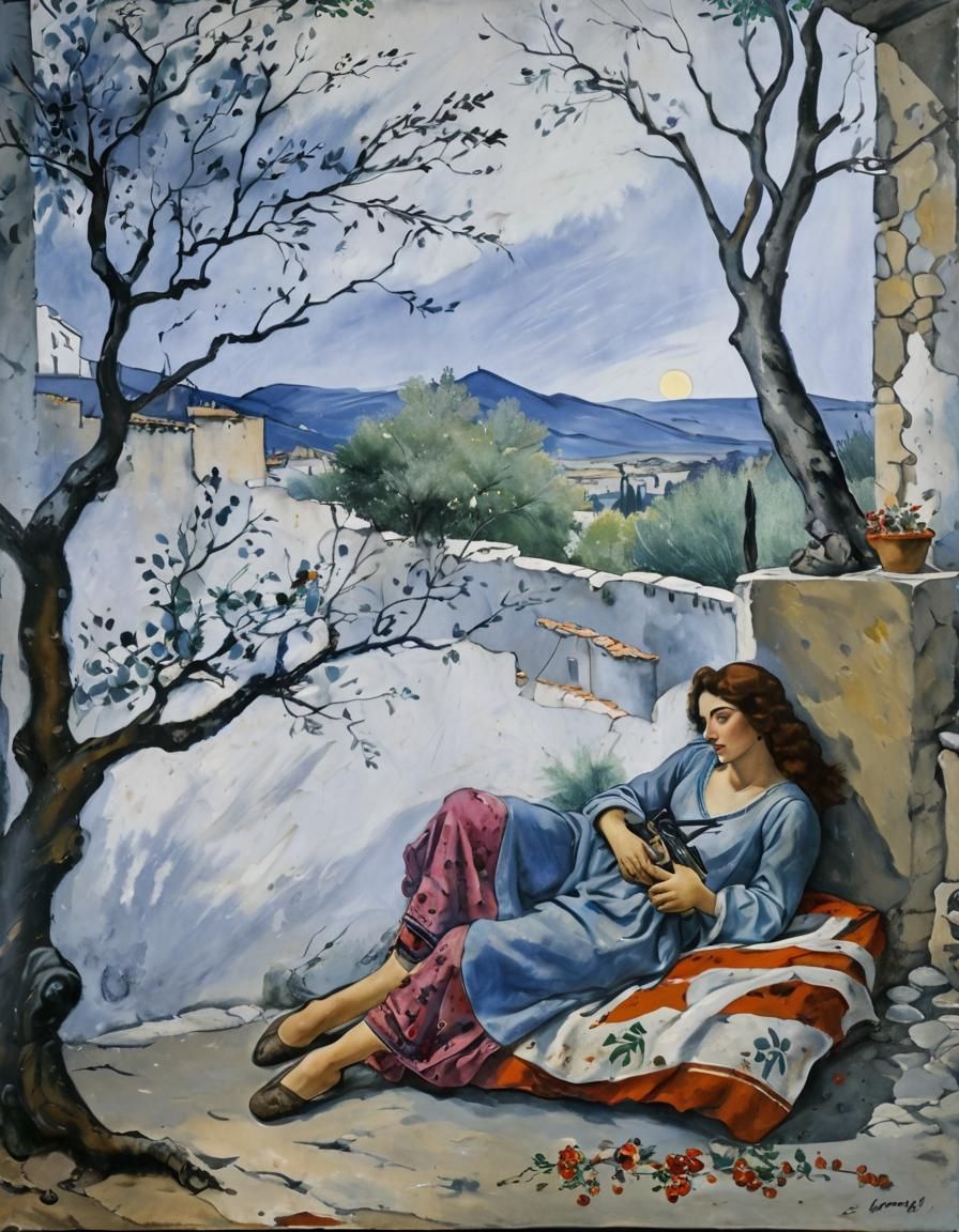 Girl, Bandit, and Rosary in Chagall Style