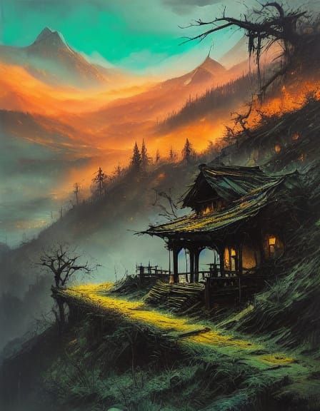 Forgotten Ancient Shrine Overgrown with Vines and Wildflower...