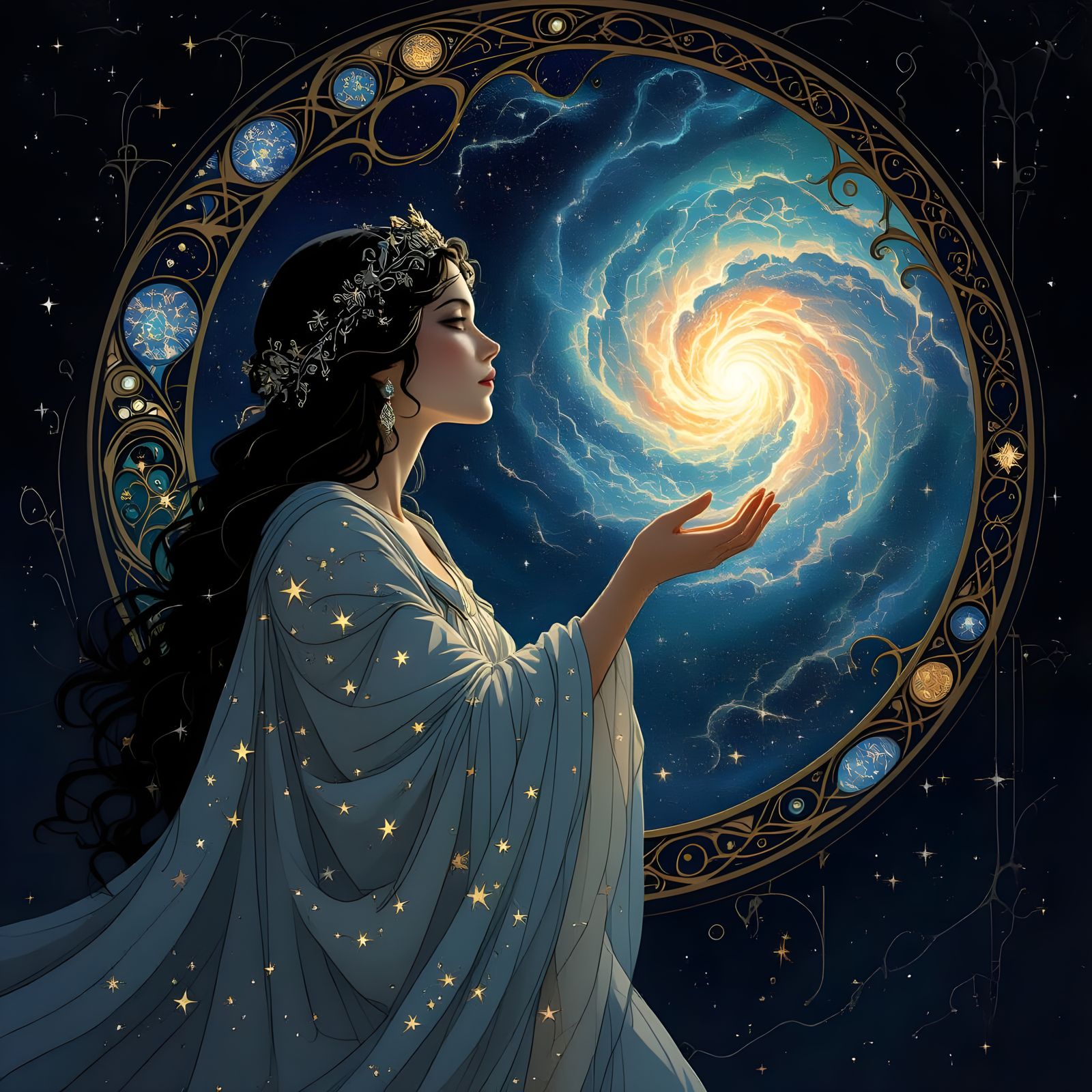 Celestial Oracle Gazing into Nebula in Art Nouveau Style