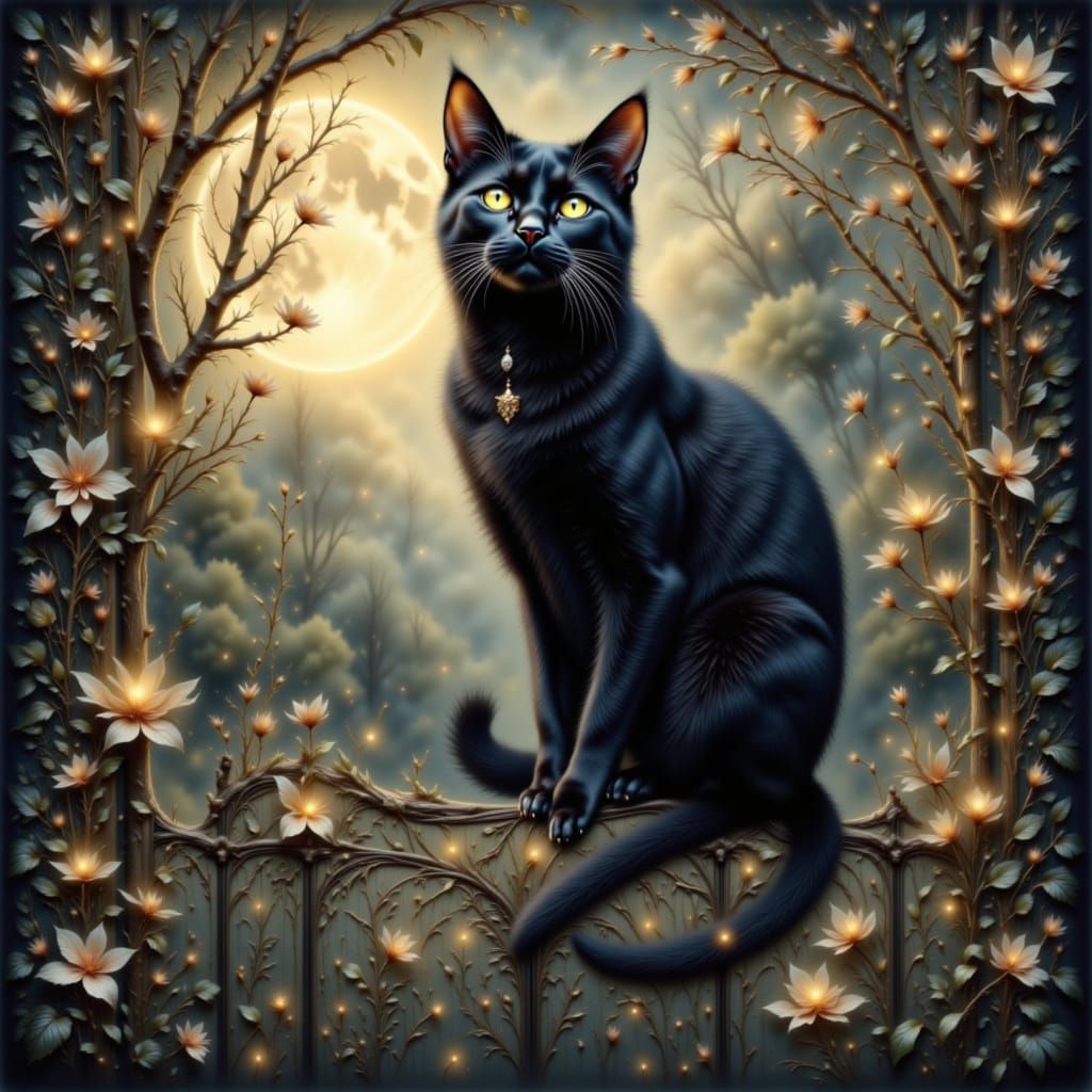 Black Cat on Victorian Gate in Watercolour Style