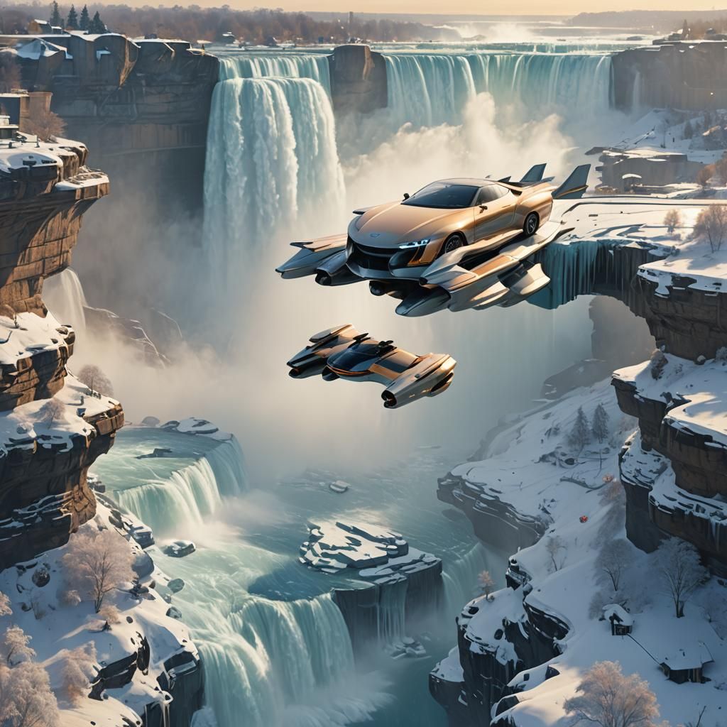 Futuristic Car Glides Over Frozen Niagara Falls