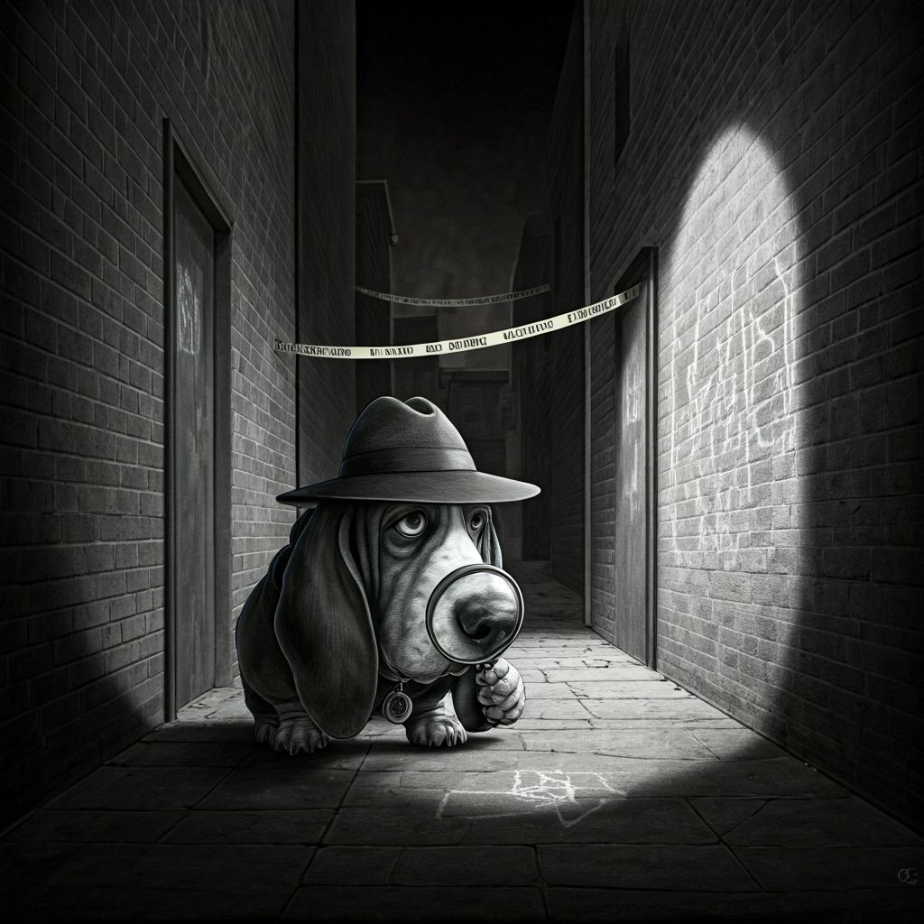 Noir Detective Basset Hound Investigates Crime Scene
