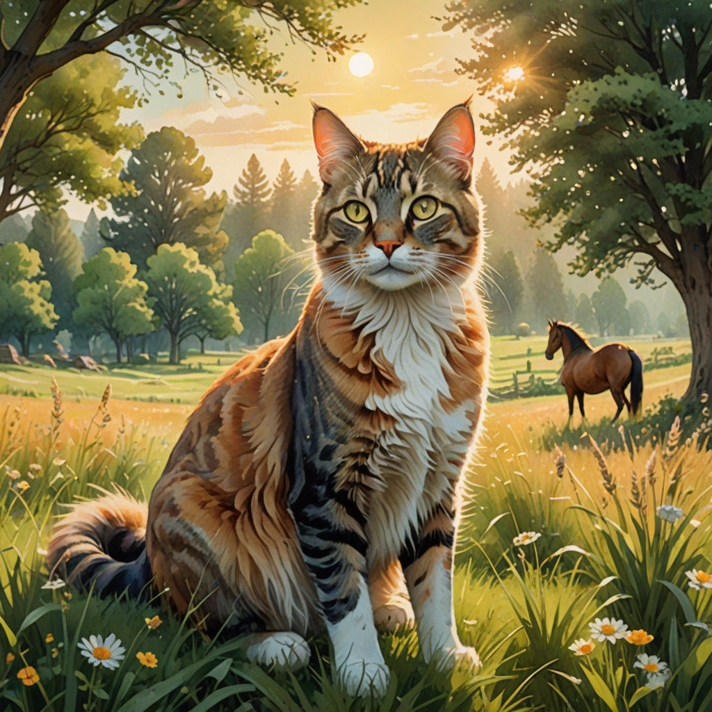 Whimsical Cat on Horse in Idyllic Sunny Meadow