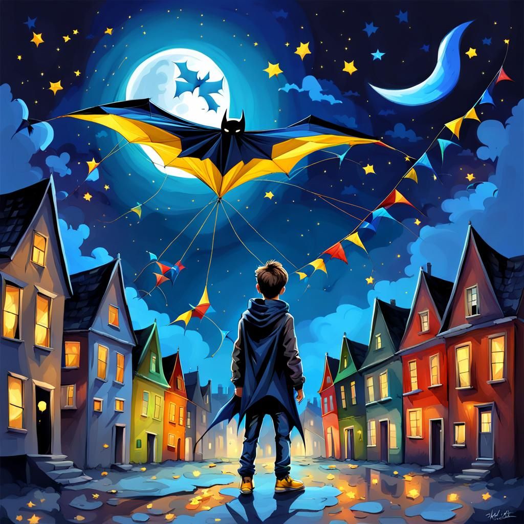 Boy with Batman Kite in Night Town