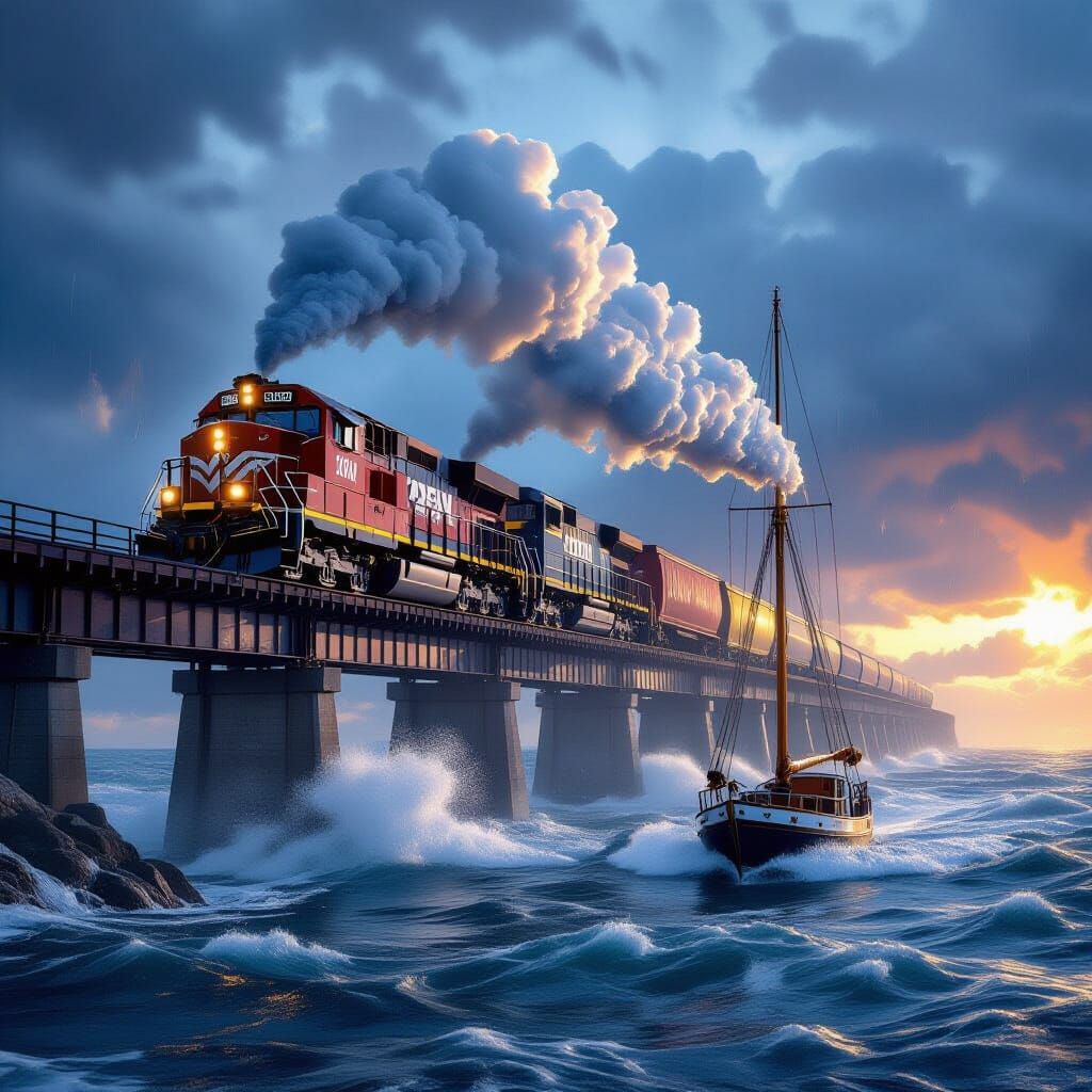 Christmas Freight Train Crosses Viaduct in Stormy Seas