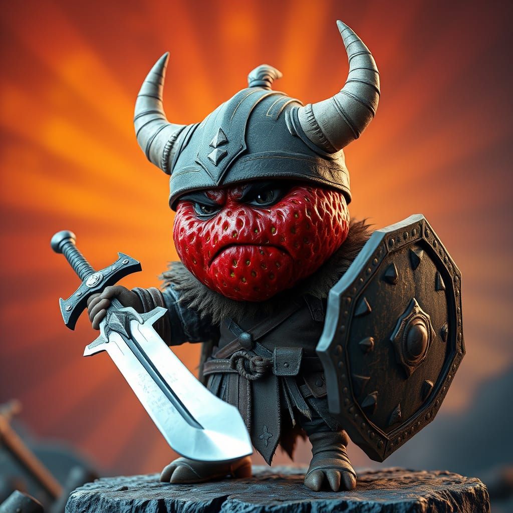 Viking Strawberry Warrior in Nordic Landscape