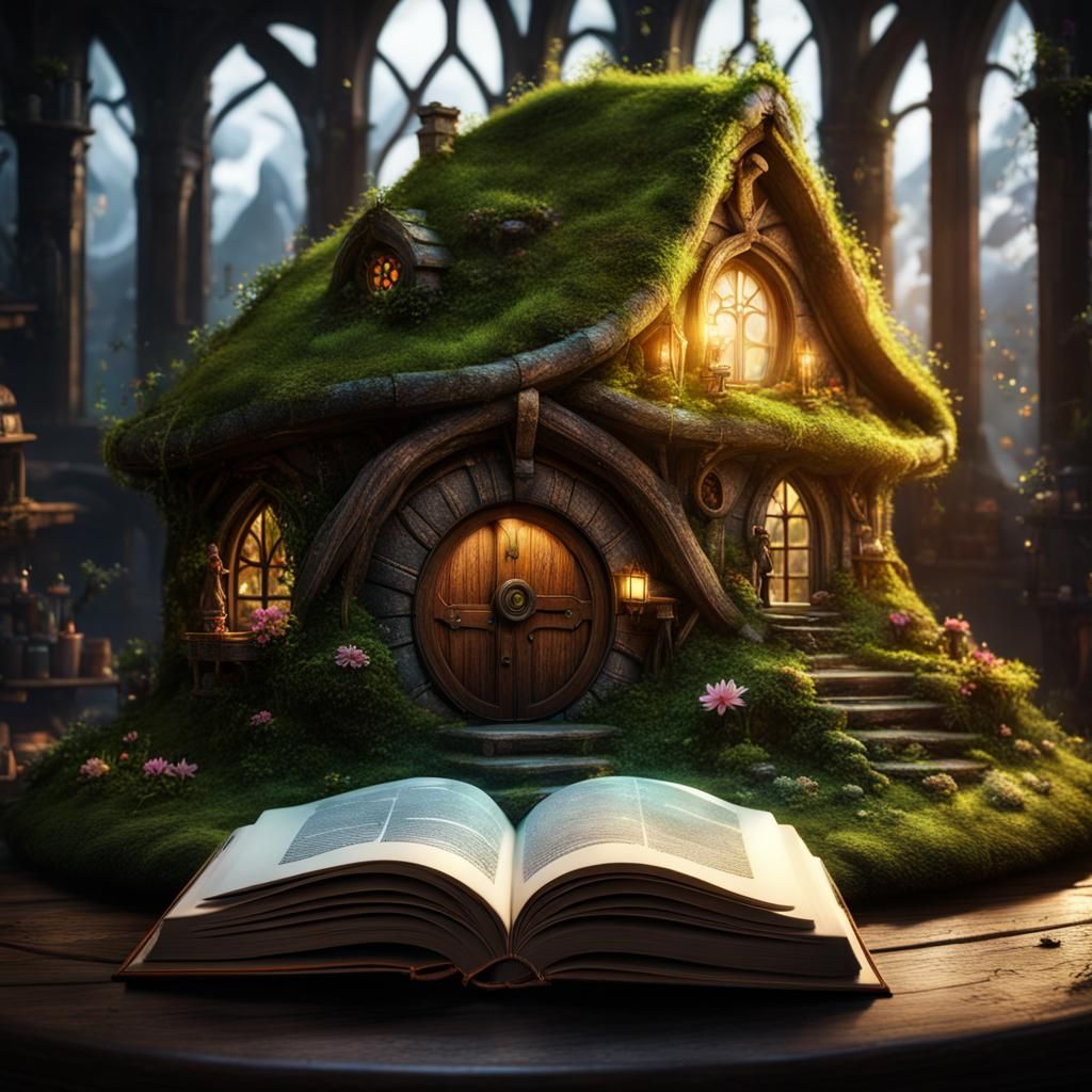 Mossy Hobbit House in Book, Detailed Matte Painting