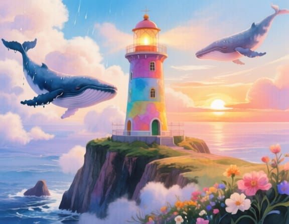 Colorful Lighthouse with Cloud Whales in Ink and Watercolor