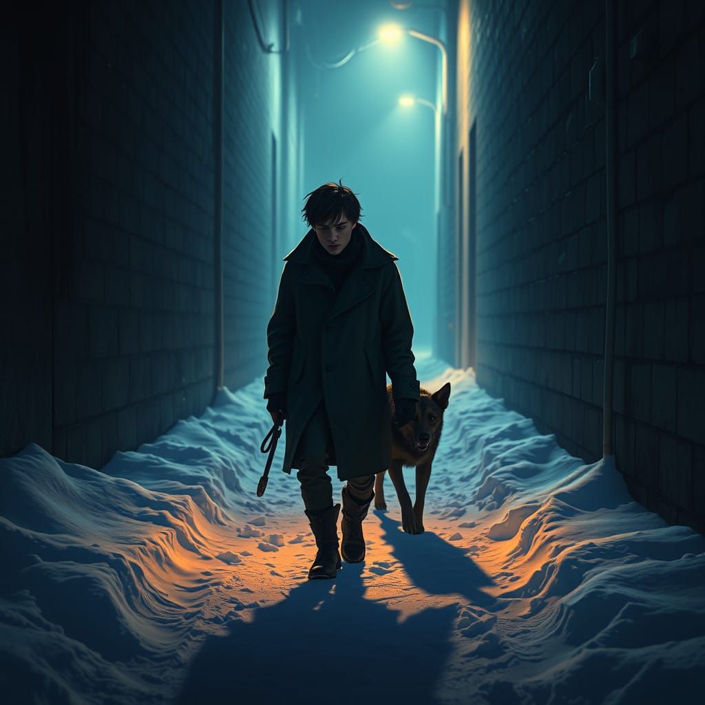 Gaunt Figure Emerges from Snowy Alley in Cybrok Style