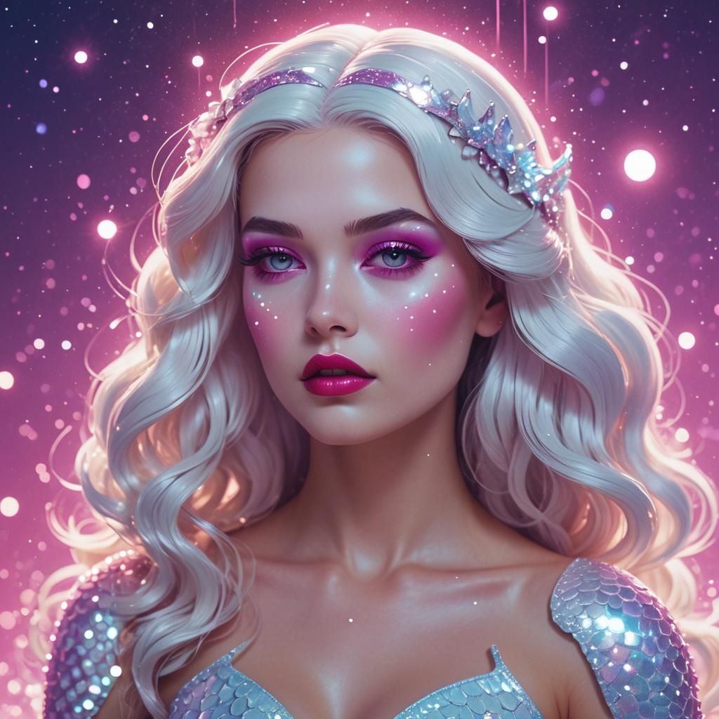 Snow White Space Mermaid in Synthwave Style