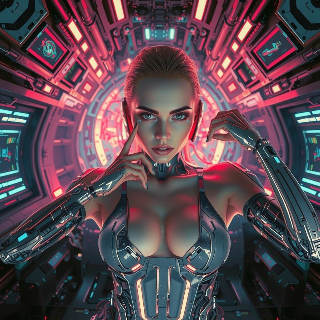 Cybernetic Female in Neon Space Ship Fuselage