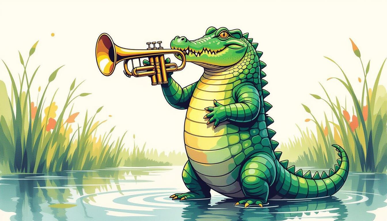 Whimsical Crocodile Plays Trumpet in Neo-Impressionist Style