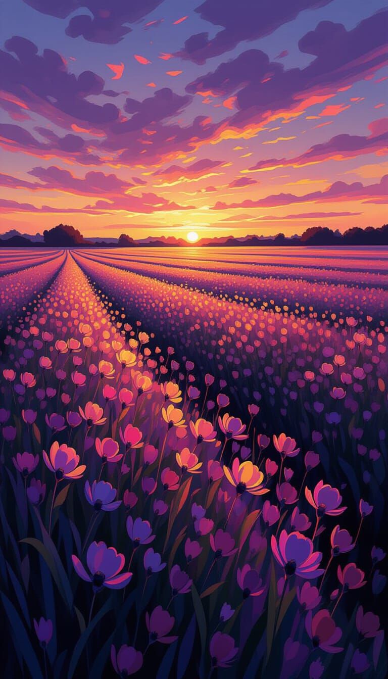 Iridescent Flora Under Twilight Sky as Impasto Painting