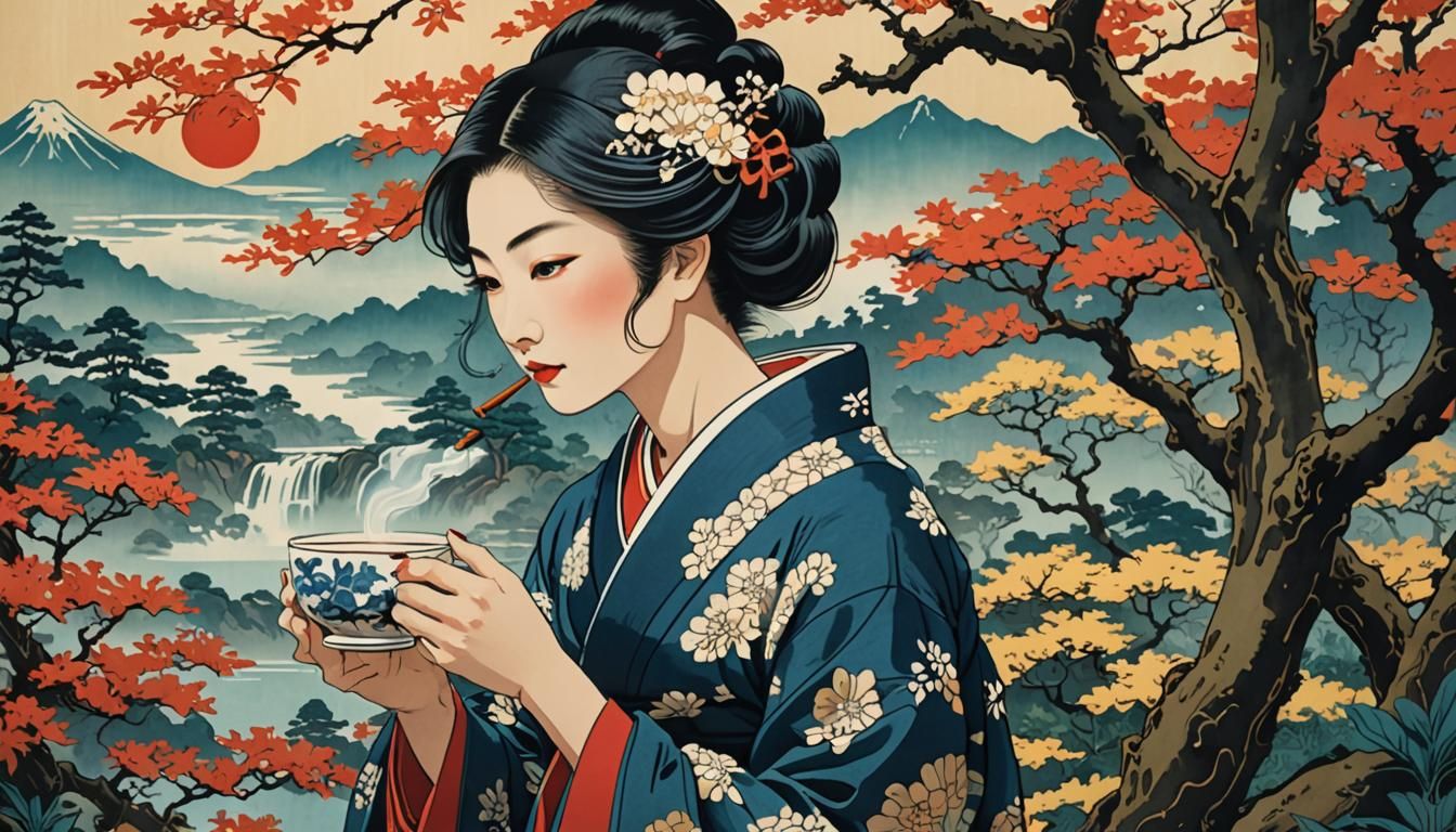 Lady Drinking Tea in Japanese Garden, Ukiyo-e Style