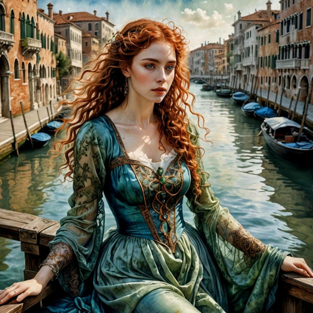 Venetian Dreamscape: Woman on Canal in Renaissance Style
