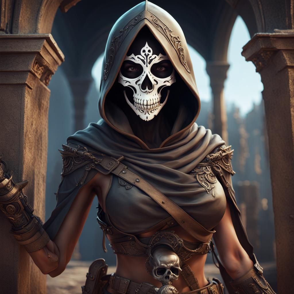 Female Assassin with Skull Mask: Digital Matte Painting