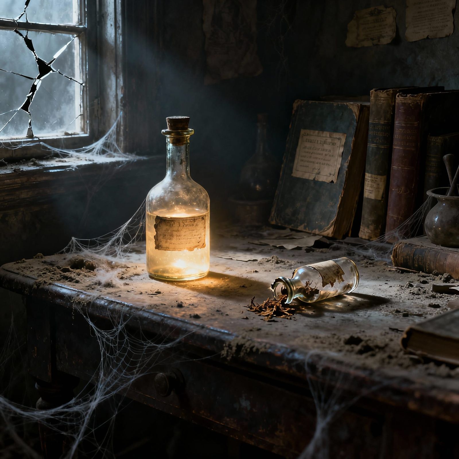 Abandoned Alchemy Table with Glowing Potion in Moody Light