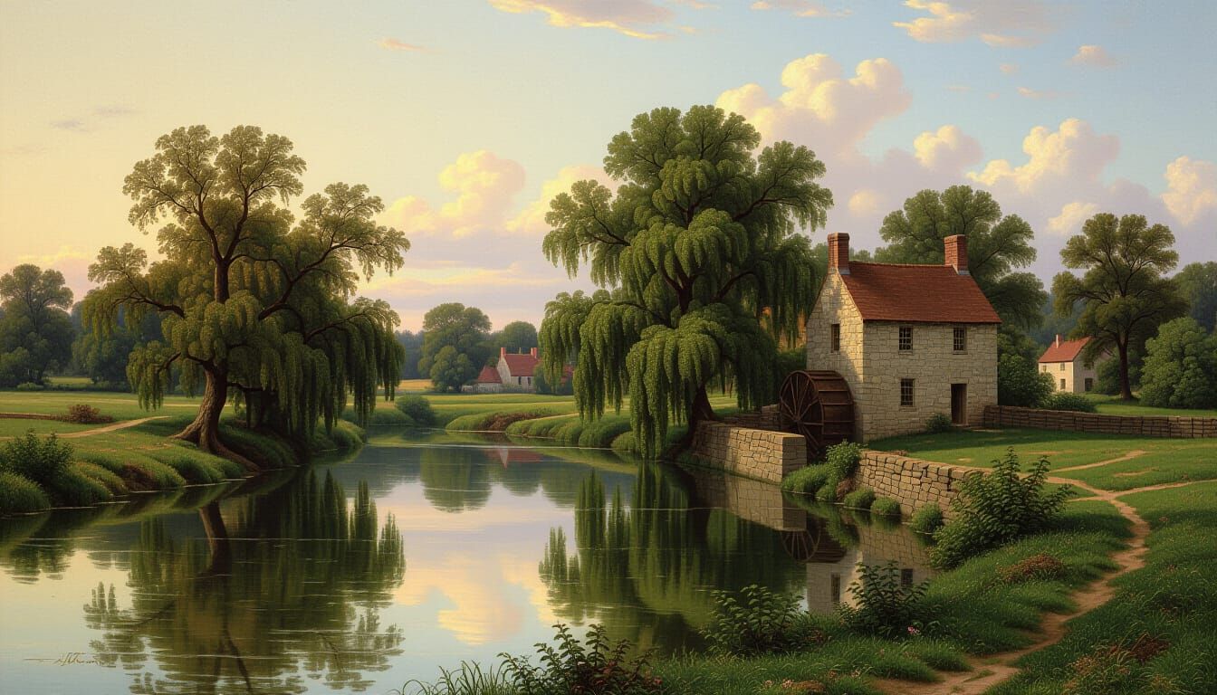 Idyllic River Landscape with Derelict Mill