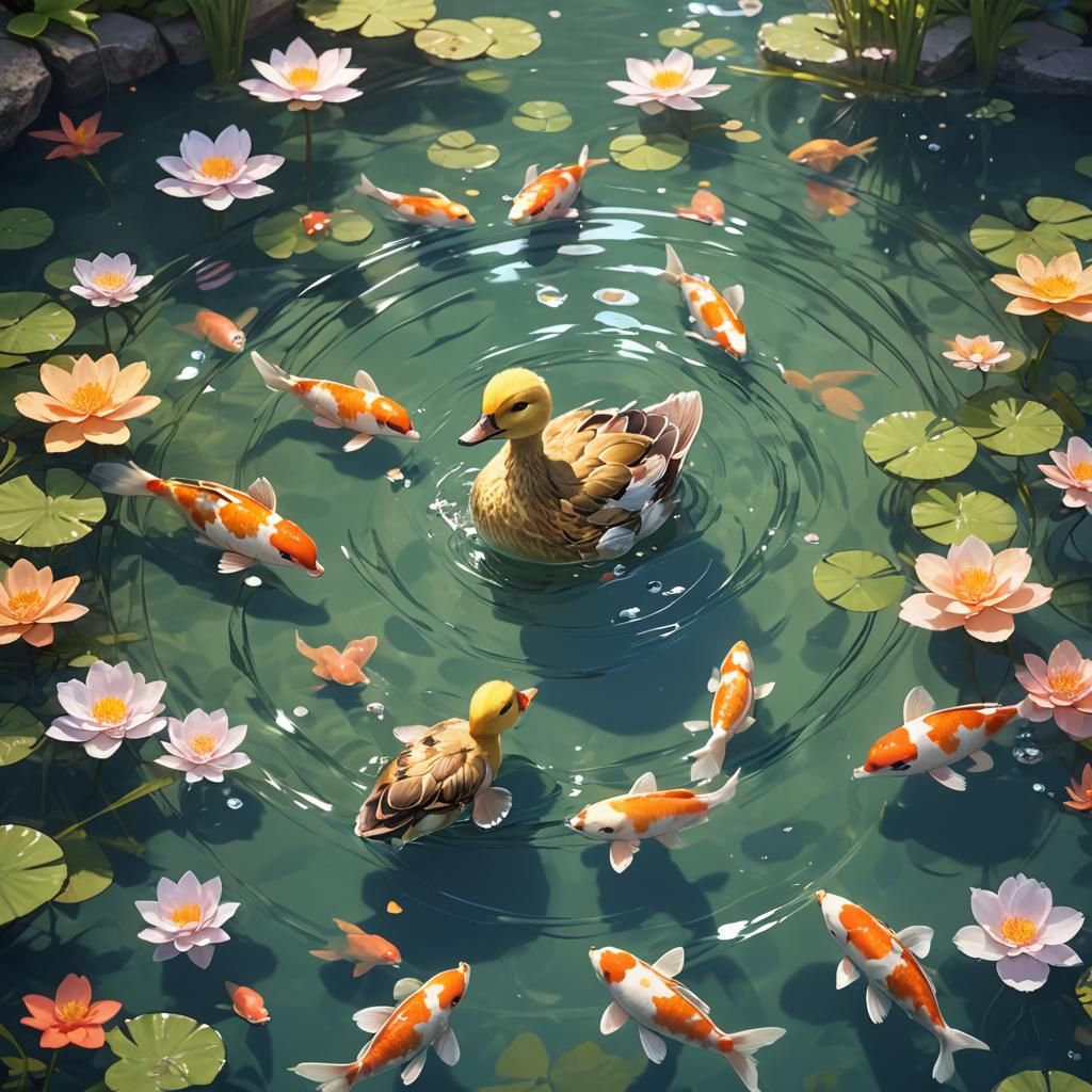 Duckling and Koi in Anime-Inspired 3D Art