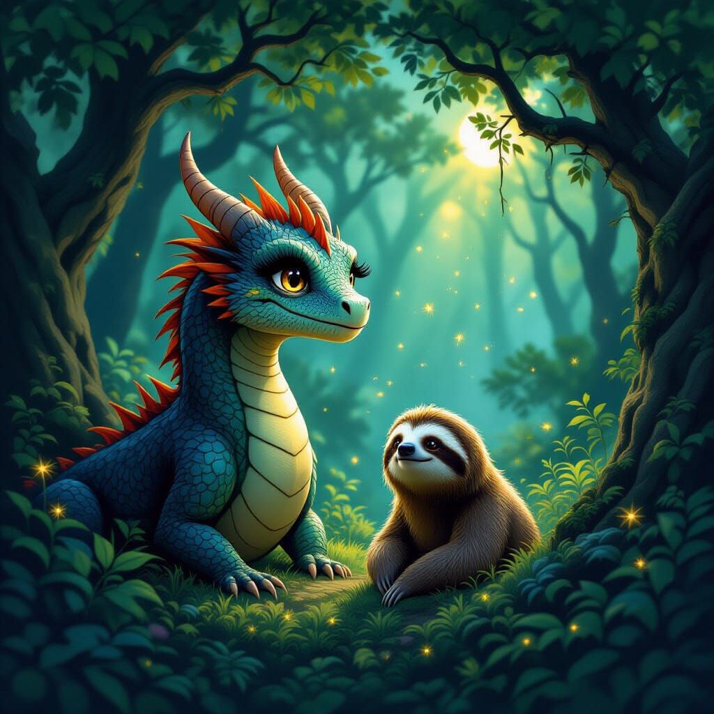 Dragon and Sloth Journey Through Firefly Forest