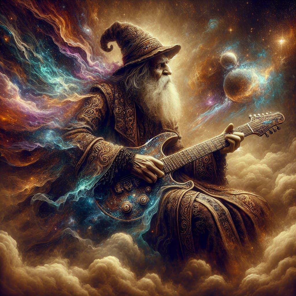 Wizard Playing Electric Guitar in Cosmic Fog