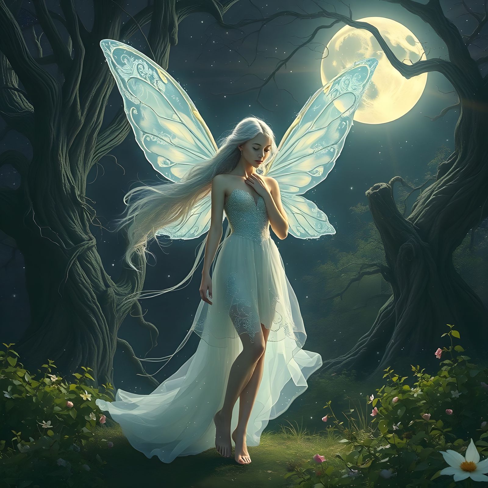 Fairy with Angel Wings on Moonlight Glade