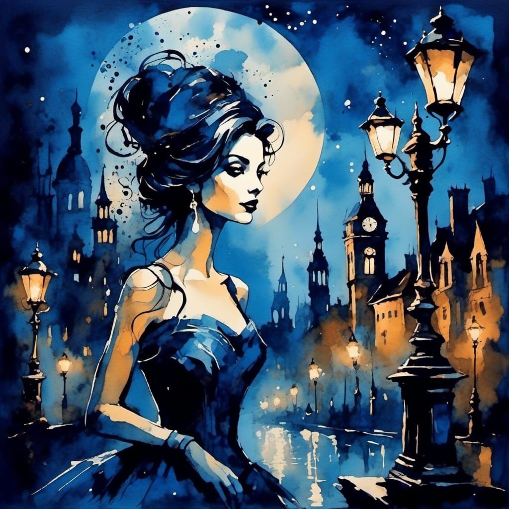 Lady of the Night Silhouette in Steampunk Ink Painting