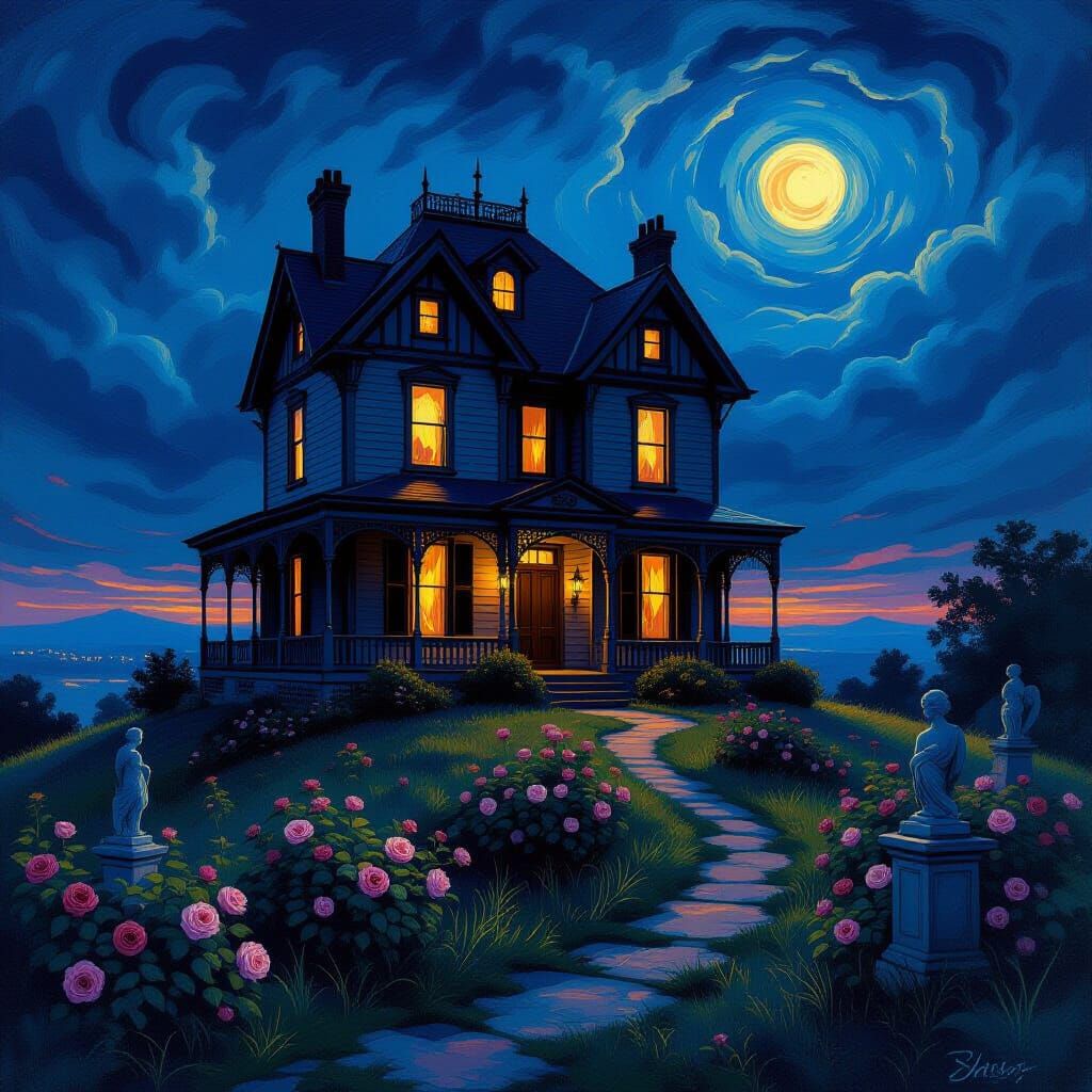 Victorian House Glows on Lonely Hill in Twilight
