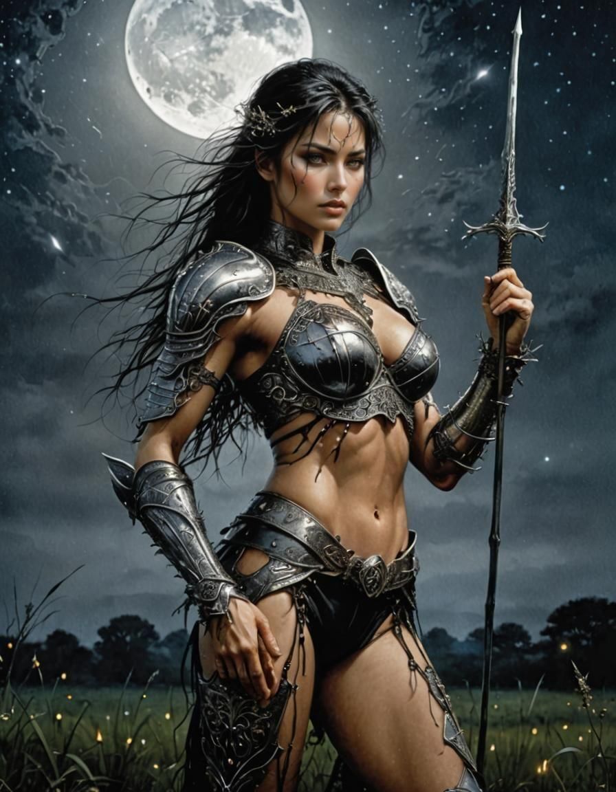 Female Warrior Silhouette in Eerie Field at Night